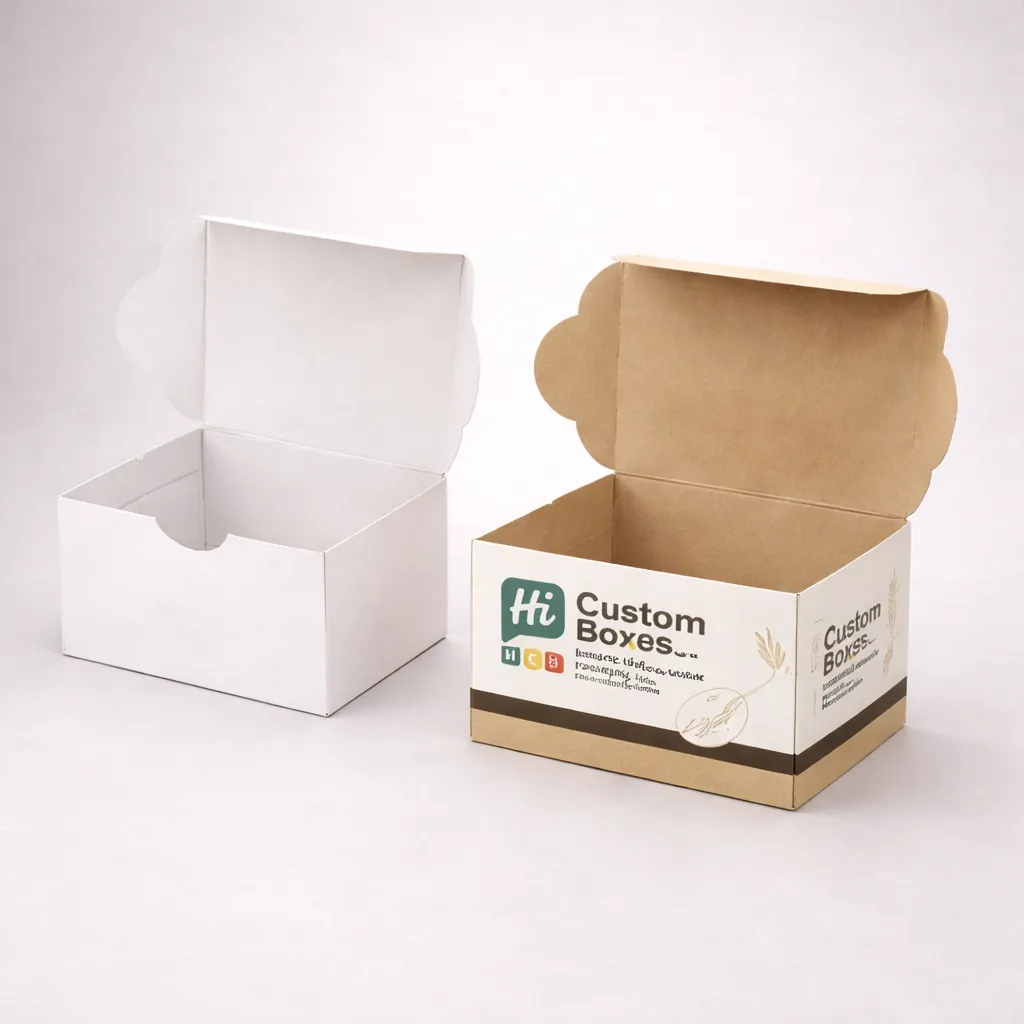 Two sturdy cardboard bread boxes with scalloped lid edges, one plain white and one with professional printing. class=